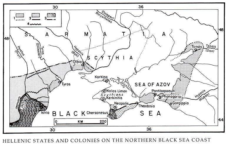 Image - Legend: 1. Bosporan Kingdom and other Greek colonies (5th c BC to 4th c AD); 2. Roman expansion (1st-2nd c AD); 3. Lands under Byzantine control (4th to 11th c AD); 4. Trajan's Walls (ca 100 AD).